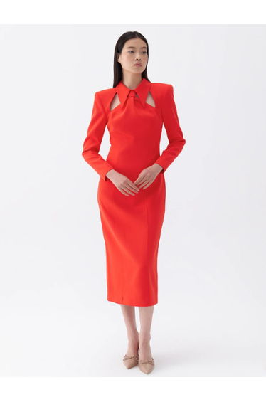 Padded Tie Collar Midi Dress