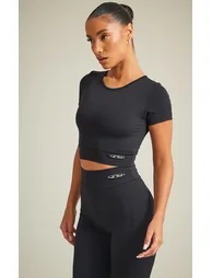 PRETTYLITTLETHING Black Sport Metal Badge Sculpt Short Sleeve Crop Top