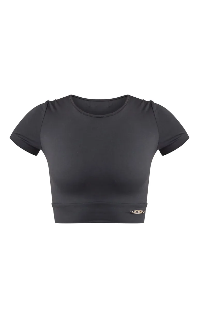PRETTYLITTLETHING Black Sport Metal Badge Sculpt Short Sleeve Crop Top - 4