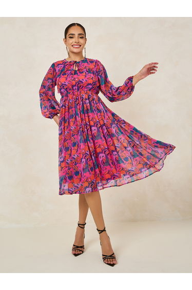 All Over Print Long Sleeve A-Line Midi Dress