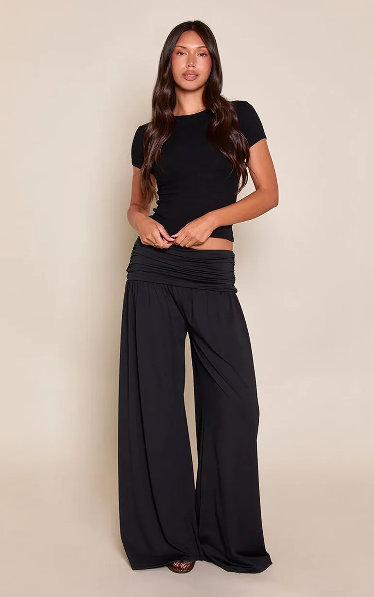Black Slinky Matte Gathered Trousers - 3