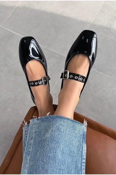 Jules Women's Belt Detail Patent Leather Ballerina Black