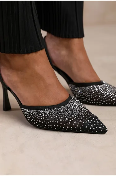 CALIFORNIA DIAMANTE MESH POINTED TOE SLING BACK HEEL IN BLACK