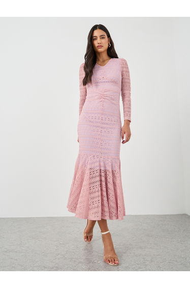 Embroidered Lace Long Sleeve Mermaid Hem Dress