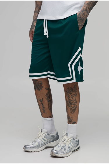 Tall Mid Length Mesh Tape Detail Basketball Shorts - forest