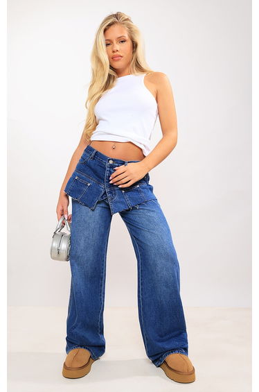 Mid Blue Wash Layered Exposed Pocket Wide Leg Jeans