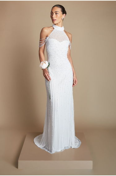 Pearl Embellished Drape Sleeve Wedding Dress