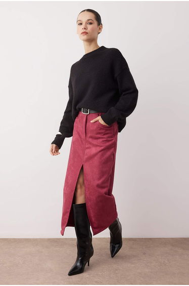Burgundy Front Slit Suede Midi Knitted Pencil Skirt