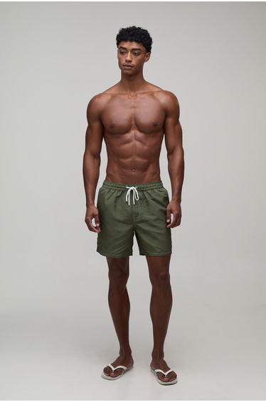 Constrast Stitch Cargo Pocket Mid Length Swim Short - khaki