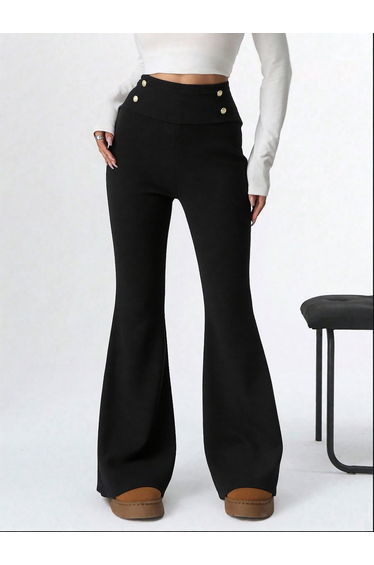 Black High-Waisted Flare Trousers with Button Detail