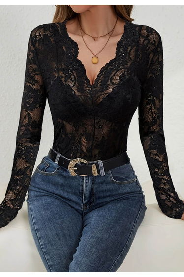 Allover Lace Scalloped V-Neck Long Sleeve Top in Black for Elegant Evenings & Statement Looks