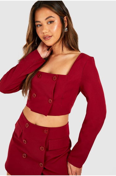 Square Neck Button Detail Crop - cherry