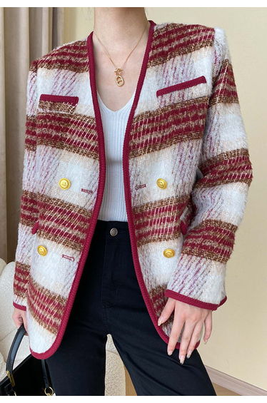 Retro Contrast Double-Breasted Fuzzy Coat in Red