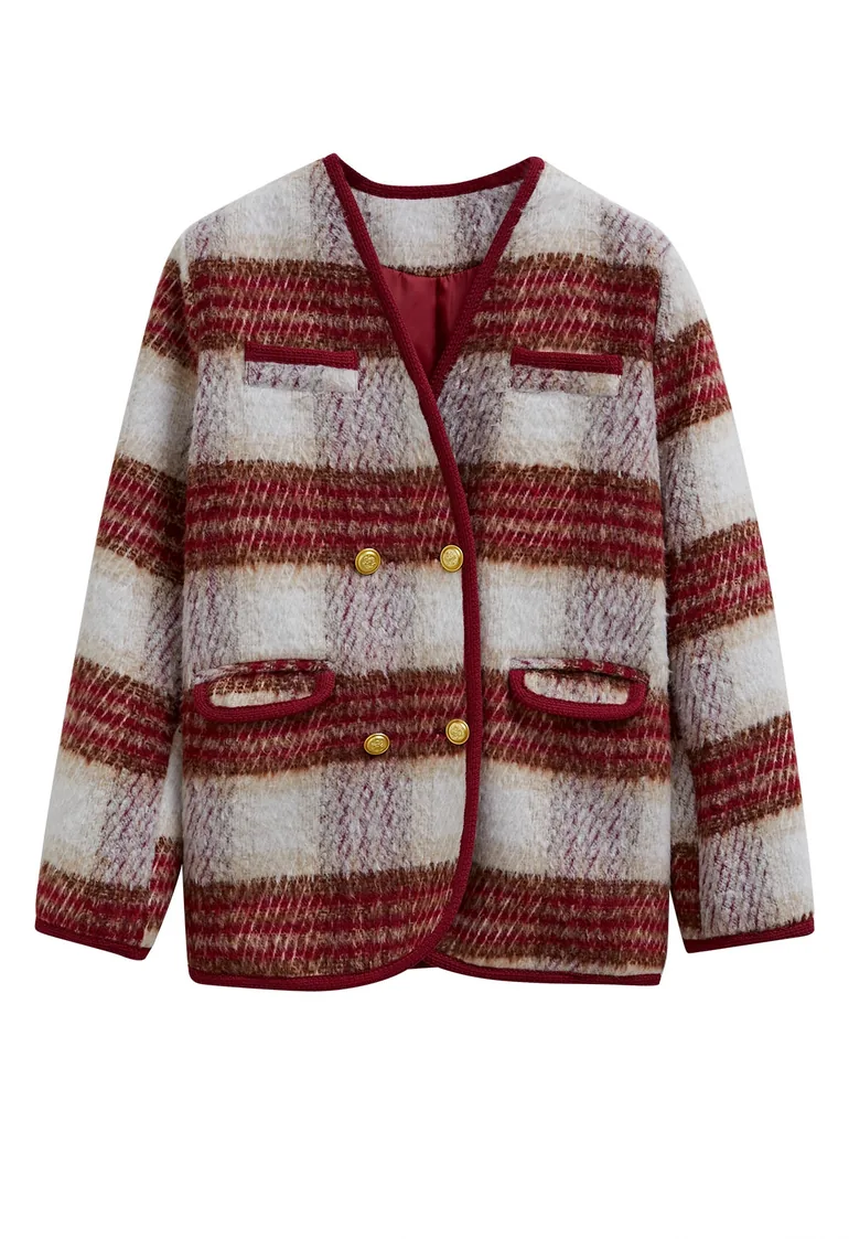 Retro Contrast Double-Breasted Fuzzy Coat in Red - 5