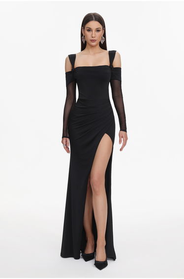 Lorin Elegant Contour Off Shoulder Long Sleeve High Slit Maxi Dress