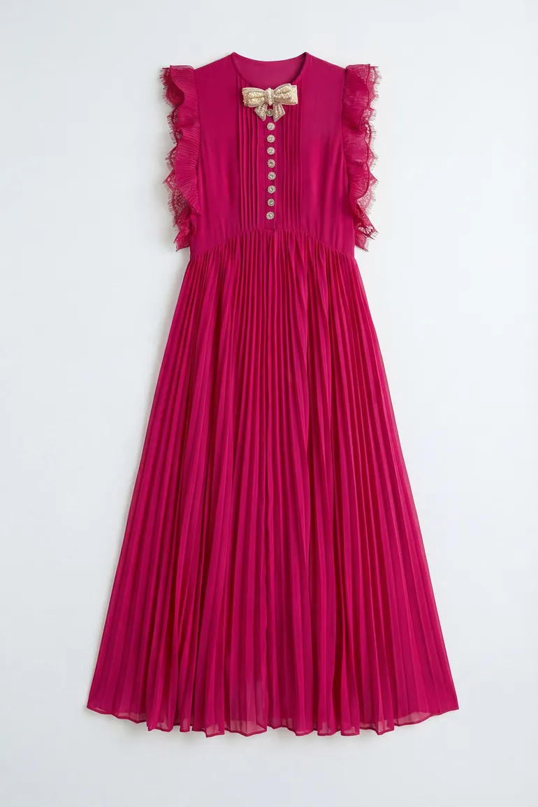Main Character Mood Hot Pink Pleated Ruffle Sleeve Maxi Dress - 6