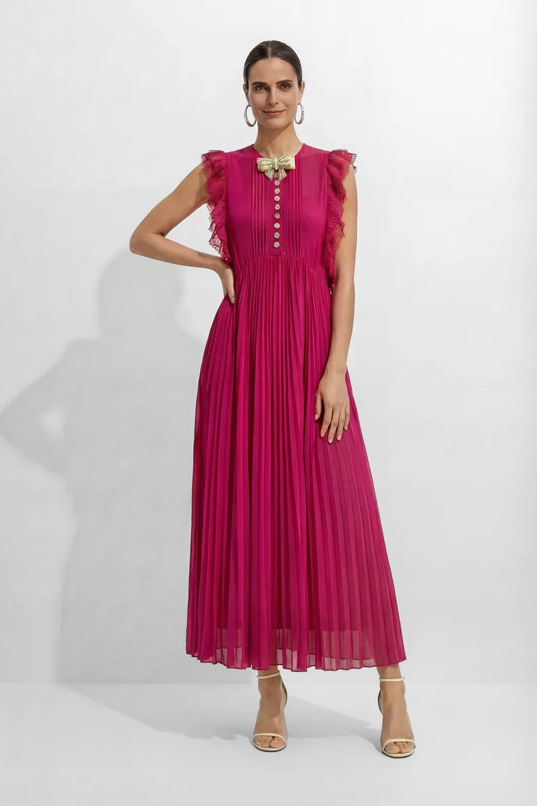 Main Character Mood Hot Pink Pleated Ruffle Sleeve Maxi Dress - 2