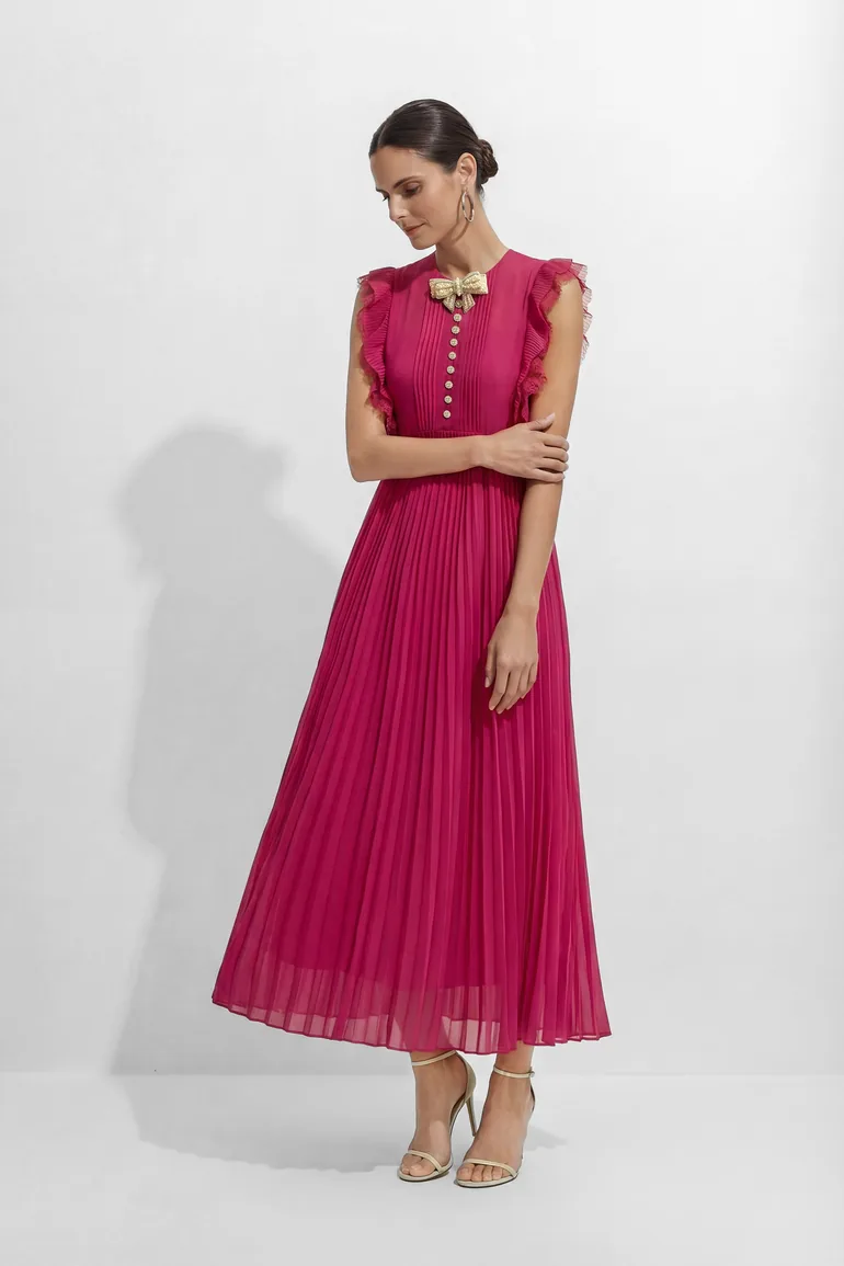 Main Character Mood Hot Pink Pleated Ruffle Sleeve Maxi Dress - 3