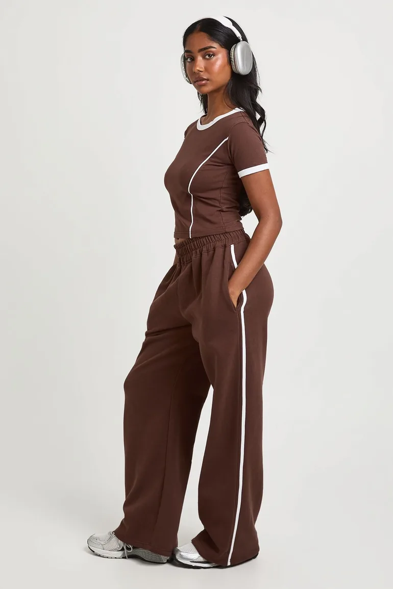 Piping Detail T-Shirt And Straight Leg Jogger Set - chocolate - 2