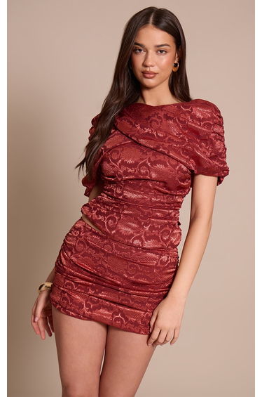 Burnt Orange Floral Satin Drape Top