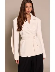 PrettyLittleThing cream wrap detail blazer with notched lapels, long sleeves and tie waist