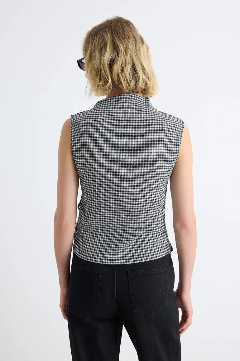 Multicolor Plaid/Checkered Fitted/Body-Fitting High Neck Tie Detail Seersucker Knitted Blouse - 3