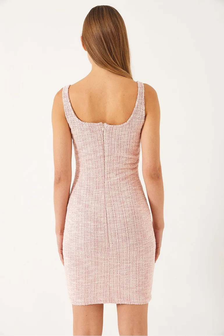 Women's Square Neck Tweed Mini Dress - 6
