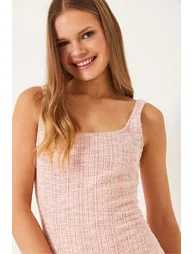 Women's Square Neck Tweed Mini Dress - 5