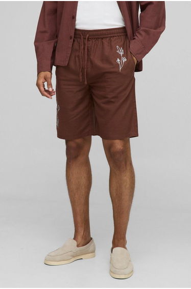 Elasticated Waist Straight Fit Floral Emboridery Linen Shorts - chocolate