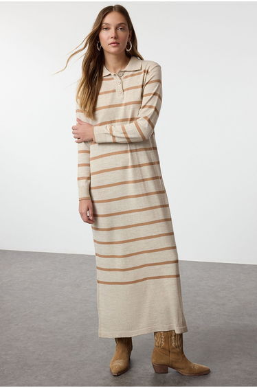 Stone Polo Collar Striped Knit Dress