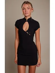 Black Mandarin Style Stretch Woven Keyhole Frog Trim Mini Dress - 1