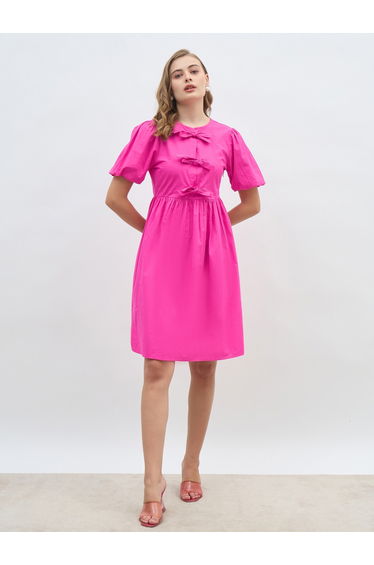 Puff Sleeve Tie-Up Bow Detail Knee Length Dress