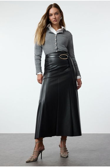 Black PU/Faux Leather A-Line/A-Line Form Maxi Skirt