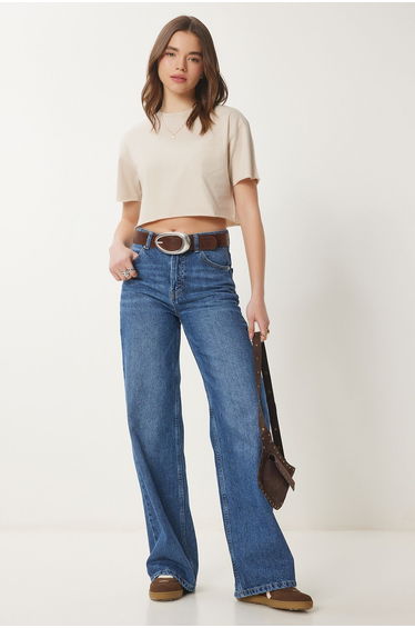 Women's Cream Cotton Crop Knit T-Shirt