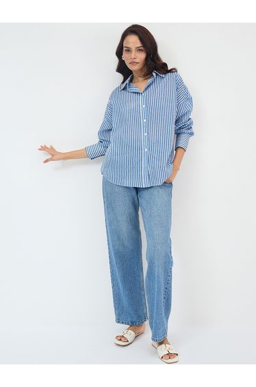 Women Blue Cotton Stripe Oversized Shirt