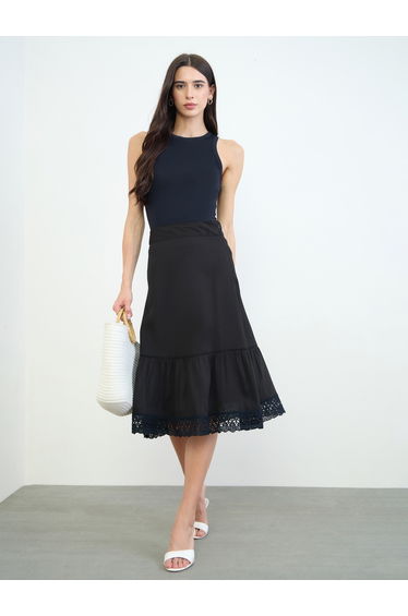 Black A-Line Midi Skirt with Lace Detail