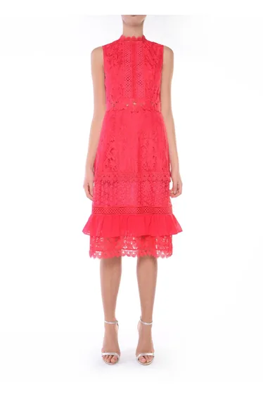 Aurora Bright Raspberry High-Neck Multi lace Midi Dress