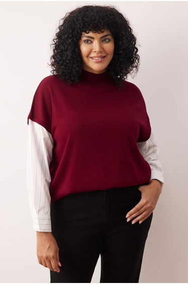 Claret Red Woven Sleeves Mixed Knitwear Sweater