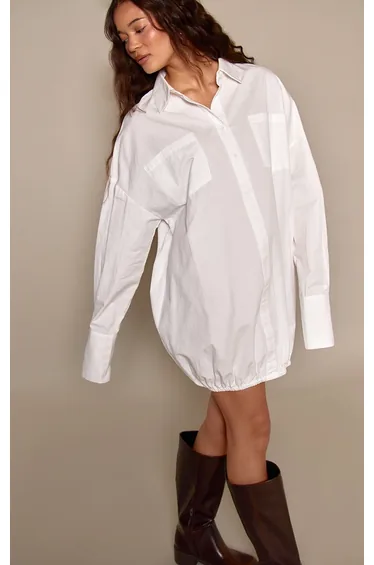 White Cotton Poplin Long Sleeve Puffball Dress