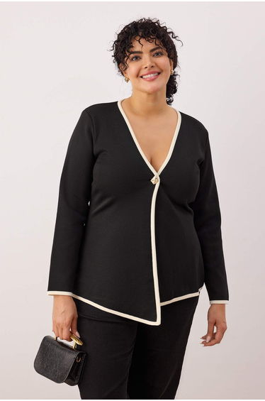 Black piping detailed asymmetric cut knitwear jacket look cardigan