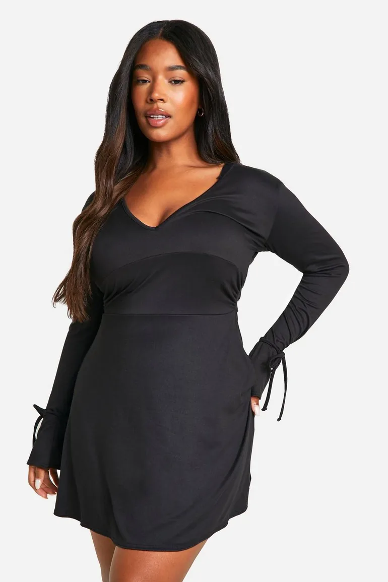 flared skater dress Black Ribbed Long Sleeve Flared Skater Dress