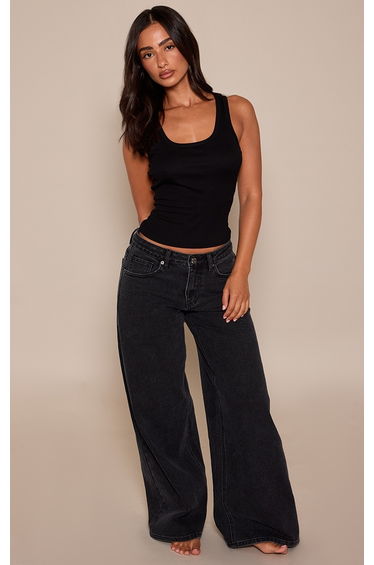 Petite Washed Black Mid Rise Stretch Wide Leg Jeans