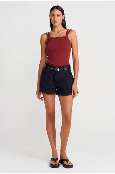 Dilvin Ribbed Sleeveless Square-neck Blouse