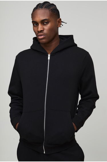 Basic Regular Zip Through Hoodie - black