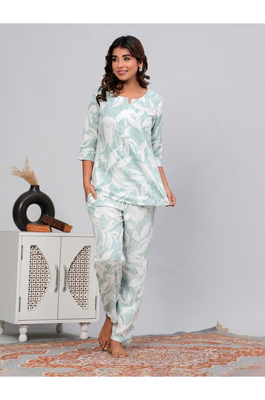 Women Leaf Print Top and Pyjama Set