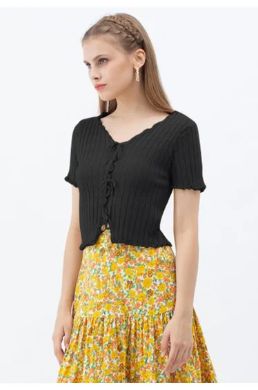 Lace-Up Lettuce Edge Crop Knit Top in Black
