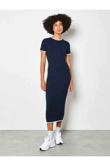 Cable Knit Contrast Trim Midi Dress