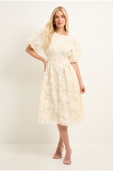 Petite Floral Burn Out Puff Sleeve Midi Dress