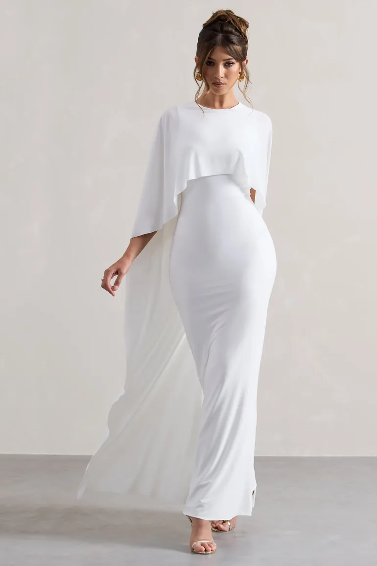 fitted lace wedding dress Belinda Black Draped Maxi Dress With Cape Sleeves – Club L London