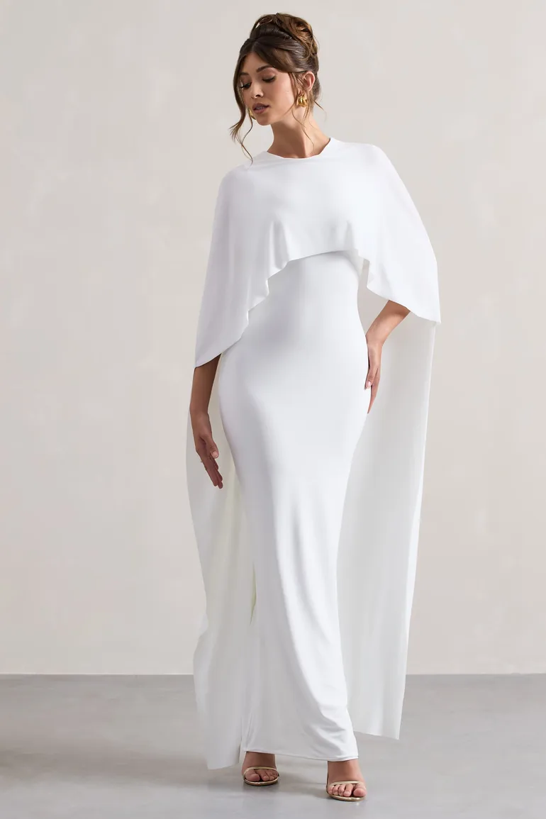 knee length dresses for ladies White Cape Modest Maxi Dress